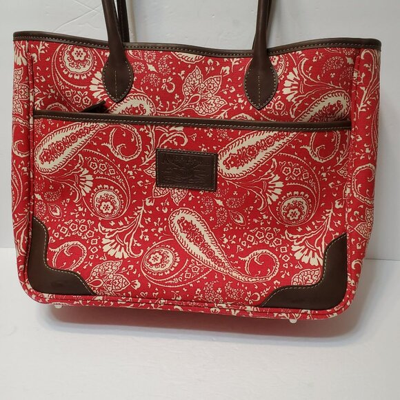 American Living Mackenzie Luggage Tote Bag Red Paisley Print Canvas Faux Leather - Picture 7 of 15